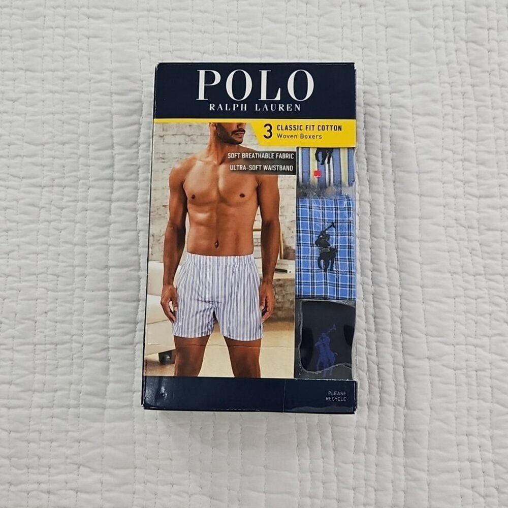 Polo Ralph Lauren Woven Boxers Men's Small Blue Classic NEW Cotton 3-Pack NIB - Picture 1 of 12